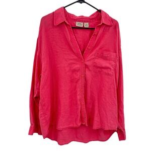 100%‎ Linen Button Up Shirt XL Red Red Oversized Coastal Resort Minimalist Top